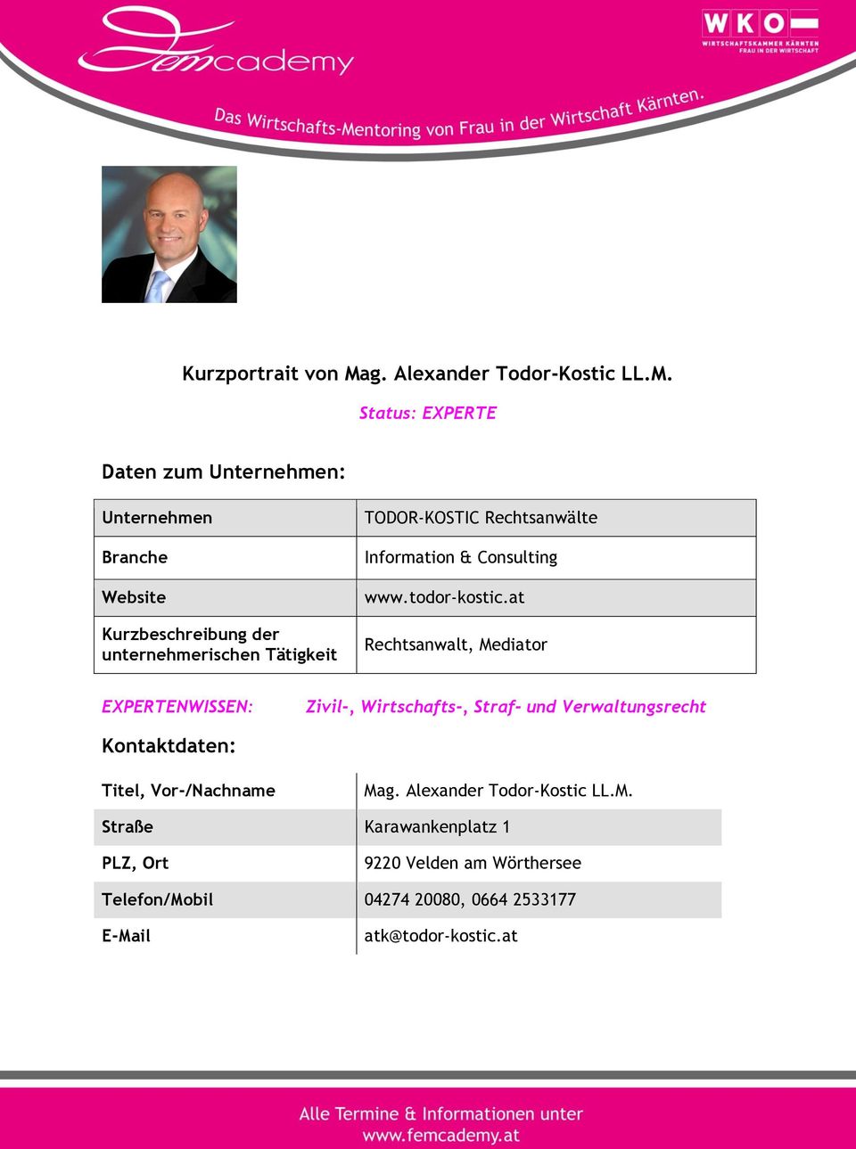 Status: EXPERTE Daten zum : TODOR-KOSTIC Rechtsanwälte Information & Consulting www.