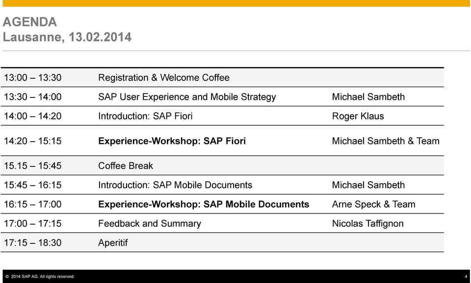 Introduction: SAP Fiori Roger Klaus 14:20 15:15 Experience-Workshop: SAP Fiori Michael Sambeth & Team 15.