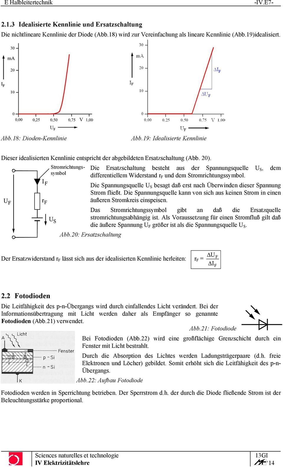 U F IF rf Stromrichtungssymbol US Die Ersatzschaltung besteht aus der Spannungsquelle U S, dem differentiellem Widerstand r F und dem Stromrichtungssymbol.