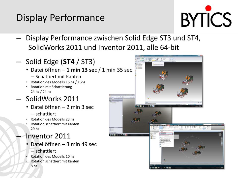 Schattierung 24 hz / 24 hz SolidWorks 2011 Datei öffnen 2 min 3 sec schattiert Rotation des Modells 23 hz Rotation schattiert