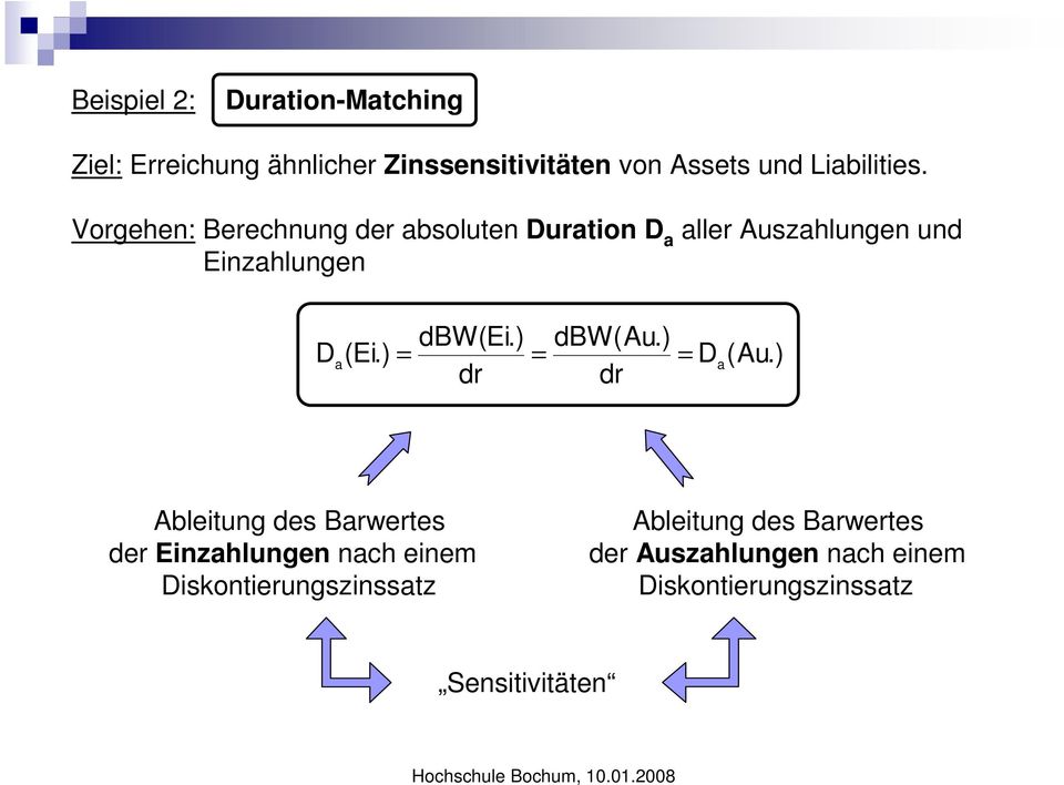 Vorgehen: Berechnung der absoluten Duration D a aller Auszahlungen und Einzahlungen dbw(ei.) D (Ei.