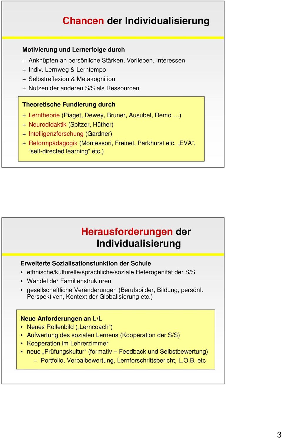 (Spitzer, Hüther) + Intelligenzforschung (Gardner) + Reformpädagogik (Montessori, Freinet, Parkhurst etc. EVA, self-directed learning etc.