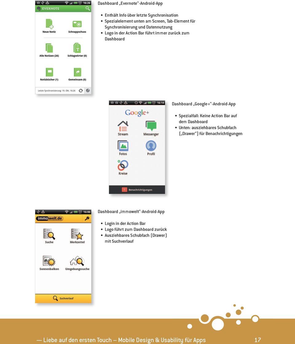 dem Dashboard Unten: ausziehbares Schubfach ( Drawer ) für Benachrichtigungen Dashboard immowelt -Android-App Login in der Action Bar Logo