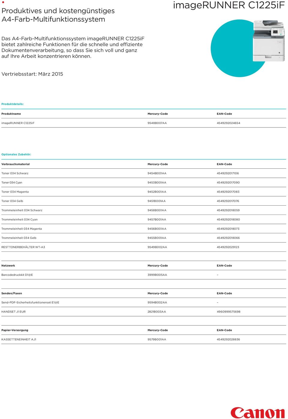 Vertriebsstart: März 2015 Produktdetails: Produktname Mercury-Code EAN-Code 9548B007AA 4549292024654 Optionales Zubehör: Verbrauchsmaterial Mercury-Code EAN-Code Toner 034 Schwarz 9454B001AA