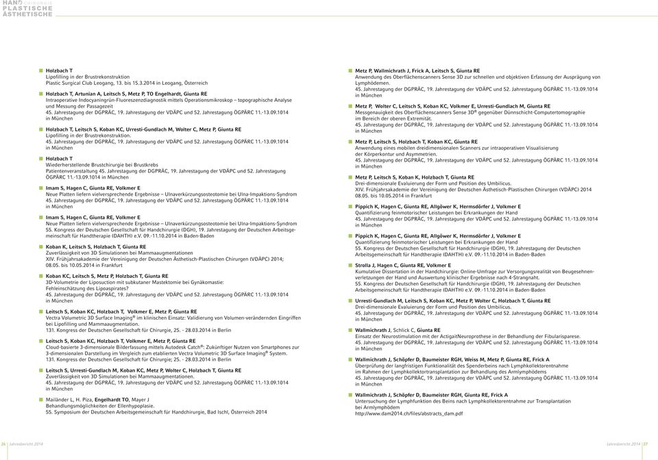 2014 in Leogang, Österreich Holzbach T, Artunian A, Leitsch S, Metz P, TO Engelhardt, Giunta RE Intraoperative Indocyaningrün-Fluoreszenzdiagnostik mittels Operationsmikroskop topographische Analyse