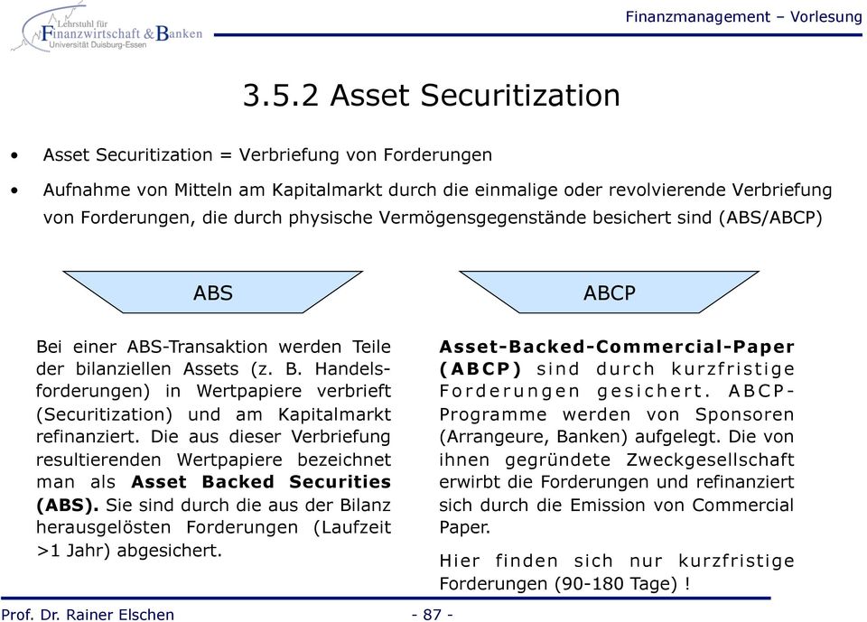 Die aus dieser Verbriefung resultierenden Wertpapiere bezeichnet man als Asset Backed Securities (ABS). Sie sind durch die aus der Bilanz herausgelösten Forderungen (Laufzeit >1 Jahr) abgesichert.