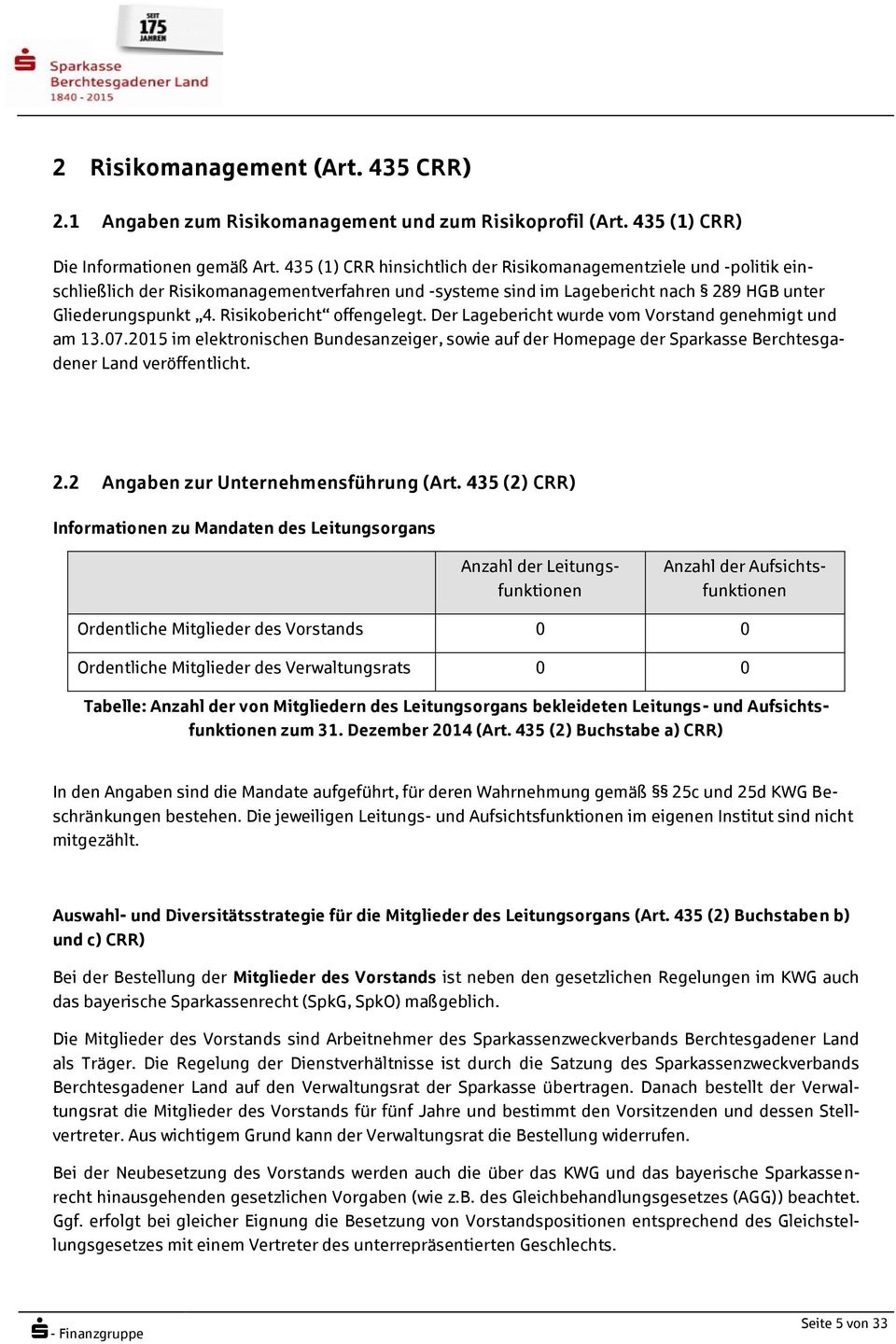 Risikobericht offengelegt. Der Lagebericht wurde vom Vorstand genehmigt und am 13.07.2015 im elektronischen Bundesanzeiger, sowie auf der Homepage der Sparkasse Berchtesgadener Land veröffentlicht. 2.