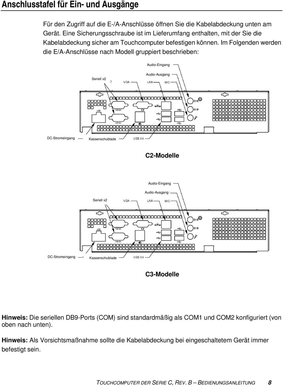 Im Folgenden werden die E/A-Anschlüsse nach Modell gruppiert beschrieben: Audio-Eingang Seriell x2 Audio-Ausgang DC-Stromeingang Kassenschublade C2-Modelle Audio-Eingang Audio-Ausgang