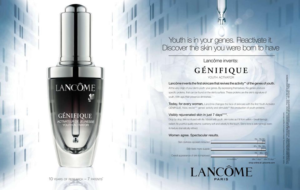 These proteins are the skin s signature of youth. With age, their presence diminishes. Today, for every woman, Lancôme changes the face of skincare with the first Youth Activator GÉNIFIQUE.