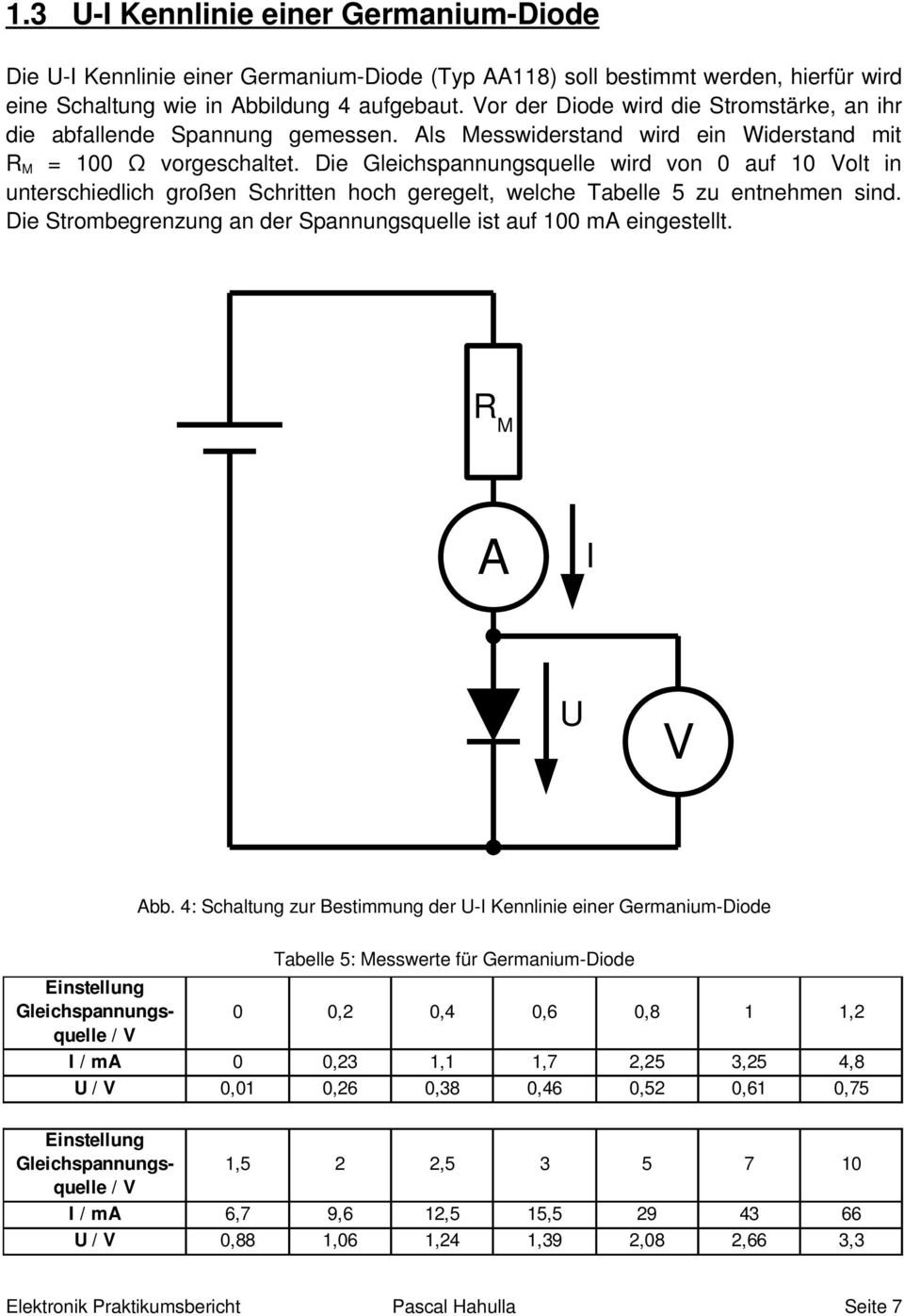 Die wird von 0 auf 10 Volt in unterschiedlich großen Schritten hoch geregelt, welche Tabelle 5 zu entnehmen sind. Die Strombegrenzung an der Spannungsquelle ist auf 100 ma eingestellt.