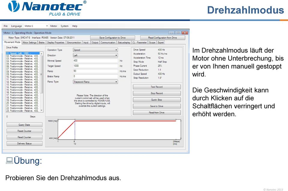 Die Geschwindigkeit kann durch Klicken auf die Schaltflächen