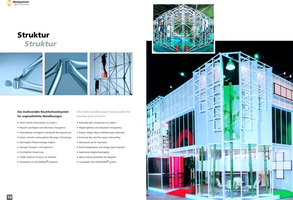 Kompatibel mit OCTANORM -Systemen The multi-variable space frame system for unusual wall solutions Extremely light construction (3.