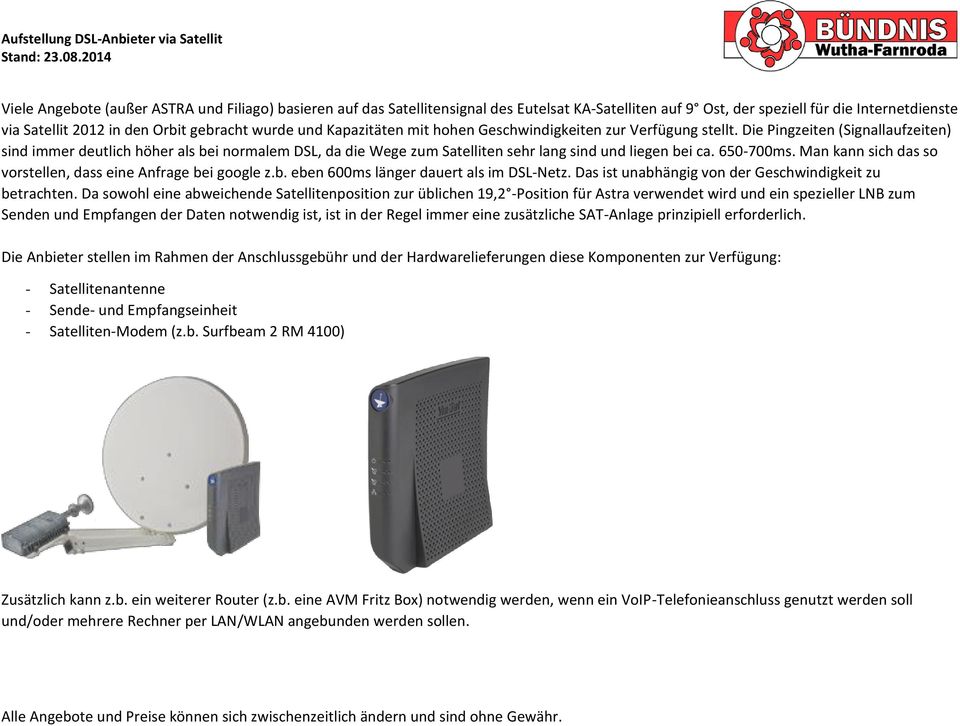 Die Pingzeiten (Signallaufzeiten) sind immer deutlich höher als bei normalem DSL, da die Wege zum Satelliten sehr lang sind und liegen bei ca. 650-700ms.