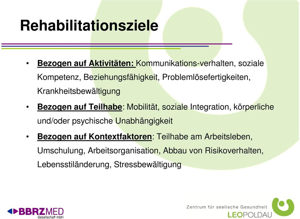 soziale Integration, körperliche und/oder psychische Unabhängigkeit Bezogen auf Kontextfaktoren: