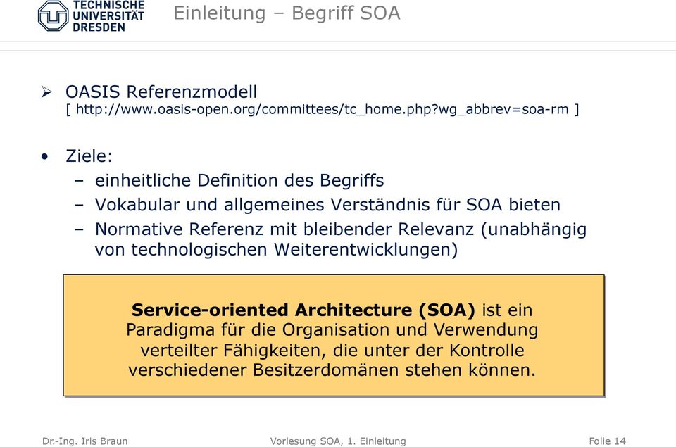 mit bleibender Relevanz (unabhängig von technologischen Weiterentwicklungen) Service-oriented Architecture (SOA) ist ein Paradigma für
