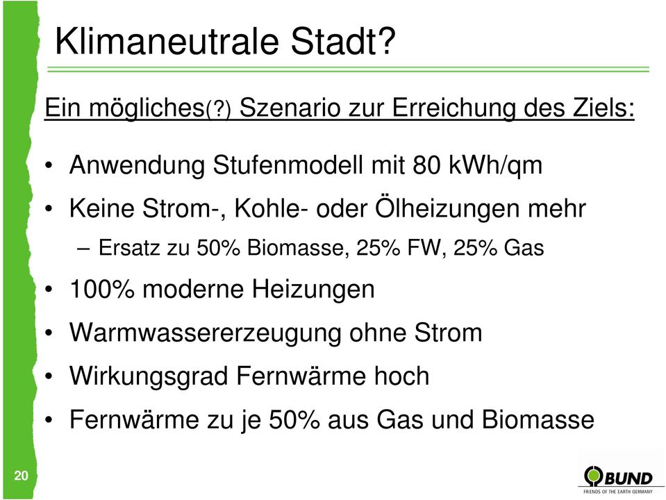 Strom-, Kohle- oder Ölheizungen mehr Ersatz zu 50% Biomasse, 25% FW, 25% Gas