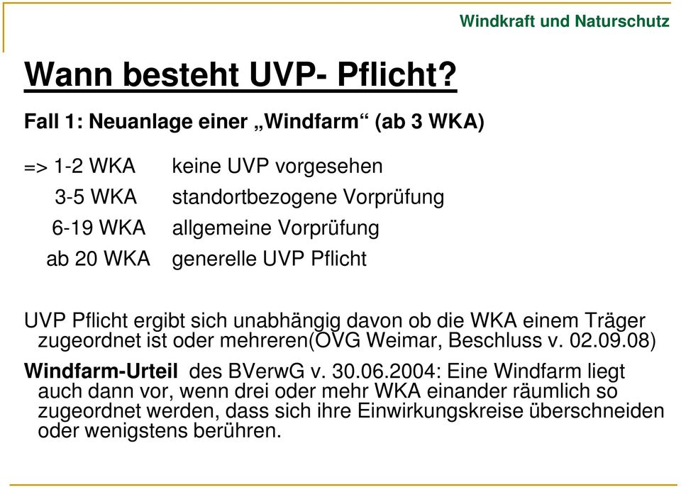 ab 20 WKA generelle UVP Pflicht UVP Pflicht ergibt sich unabhängig davon ob die WKA einem Träger zugeordnet ist oder mehreren(ovg Weimar,