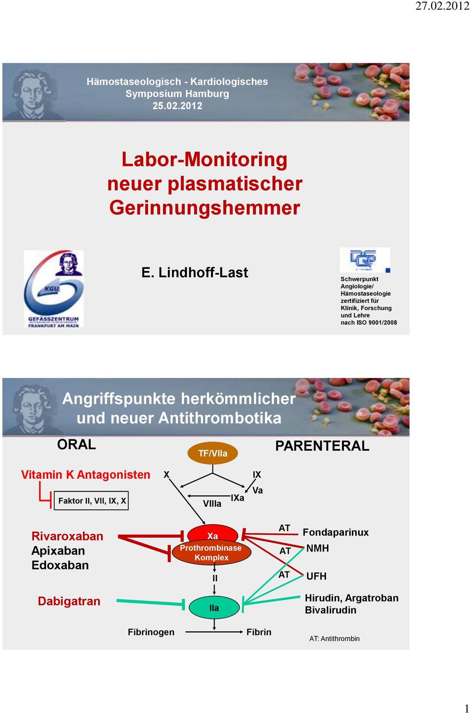 herkömmlicher und neuer Antithrombotika ORAL TF/VIIa PARENTERAL Vitamin K Antagonisten X IX Faktor II, VII, IX, X VIIIa IXa Va Rivaroxaban