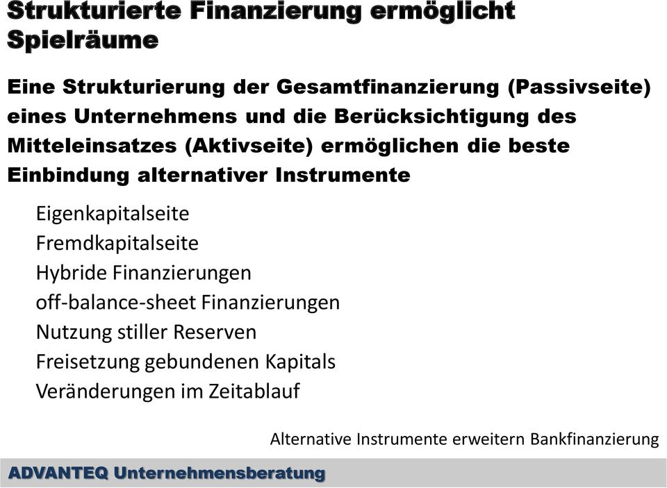 Instrumente Eigenkapitalseite Fremdkapitalseite Hybride Finanzierungen off-balance-sheet Finanzierungen Nutzung