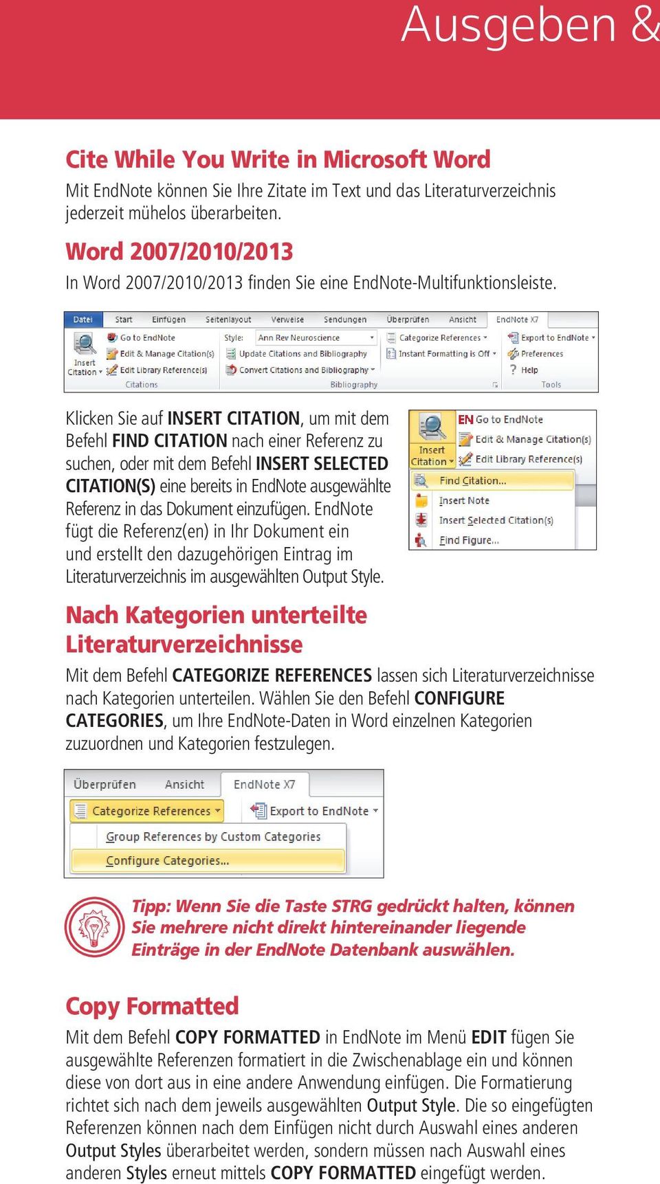 Klicken Sie auf INSERT CITATION, um mit dem Befehl FIND CITATION nach einer Referenz zu suchen, oder mit dem Befehl INSERT SELECTED CITATION(S) eine bereits in EndNote ausgewählte Referenz in das