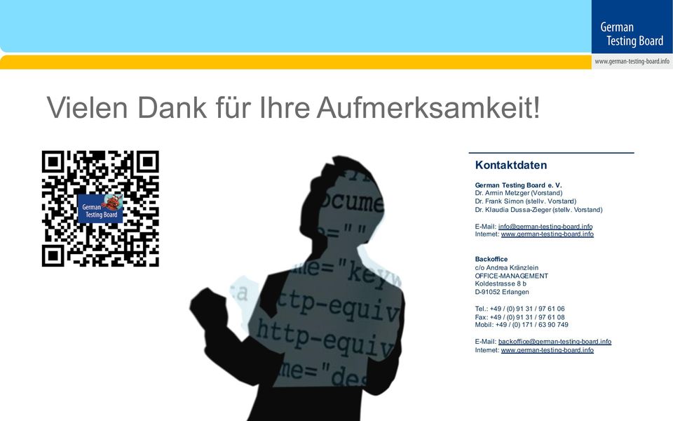 info Internet: www.german-testing-board.info Backoffice c/o Andrea Kränzlein OFFICE-MANAGEMENT Koldestrasse 8 b D-91052 Erlangen Tel.