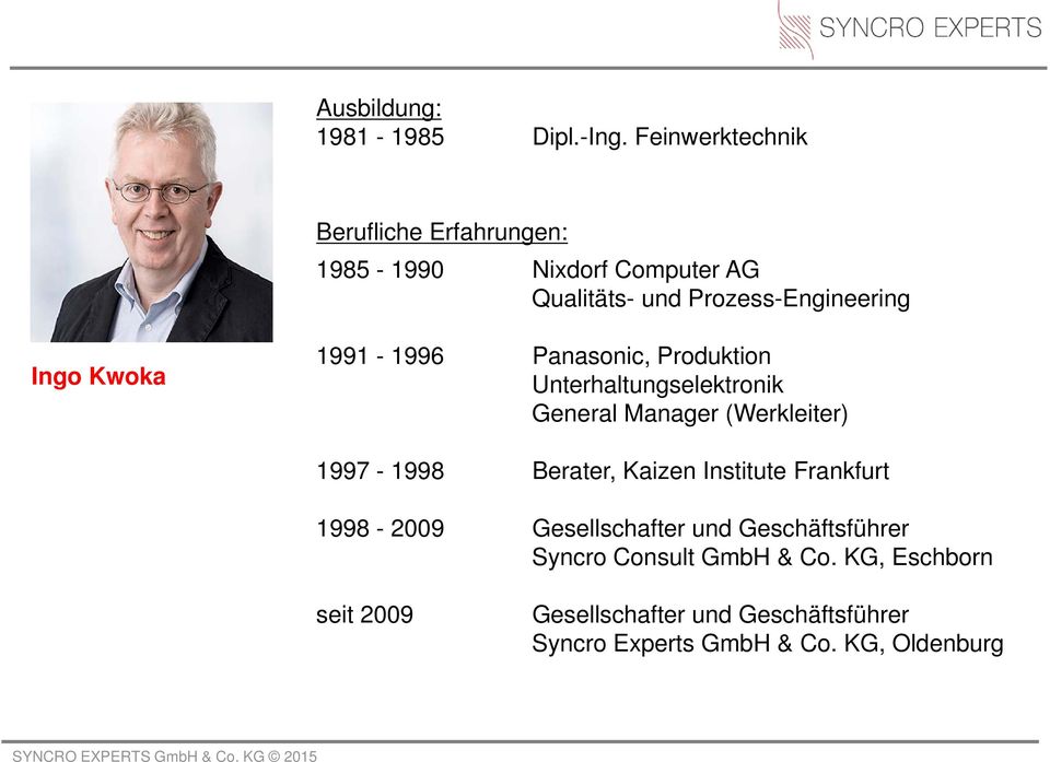 Kwoka 1991-1996 Panasonic, Produktion Unterhaltungselektronik General Manager (Werkleiter) 1997-1998 Berater,