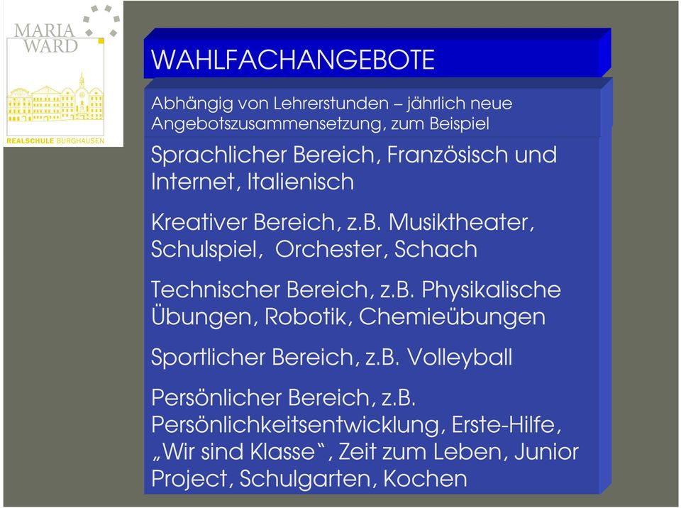 Musiktheater, Schulspiel, Orchester, Schach Technischer Bereich, z.b.