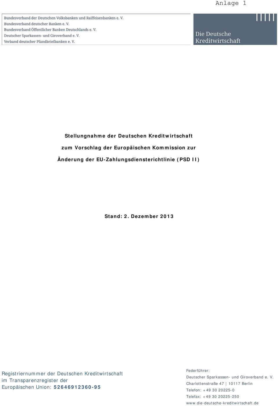 Dezember 2013 Registriernummer der Deutschen Kreditwirtschaft im Transparenzregister der Europäischen Union: