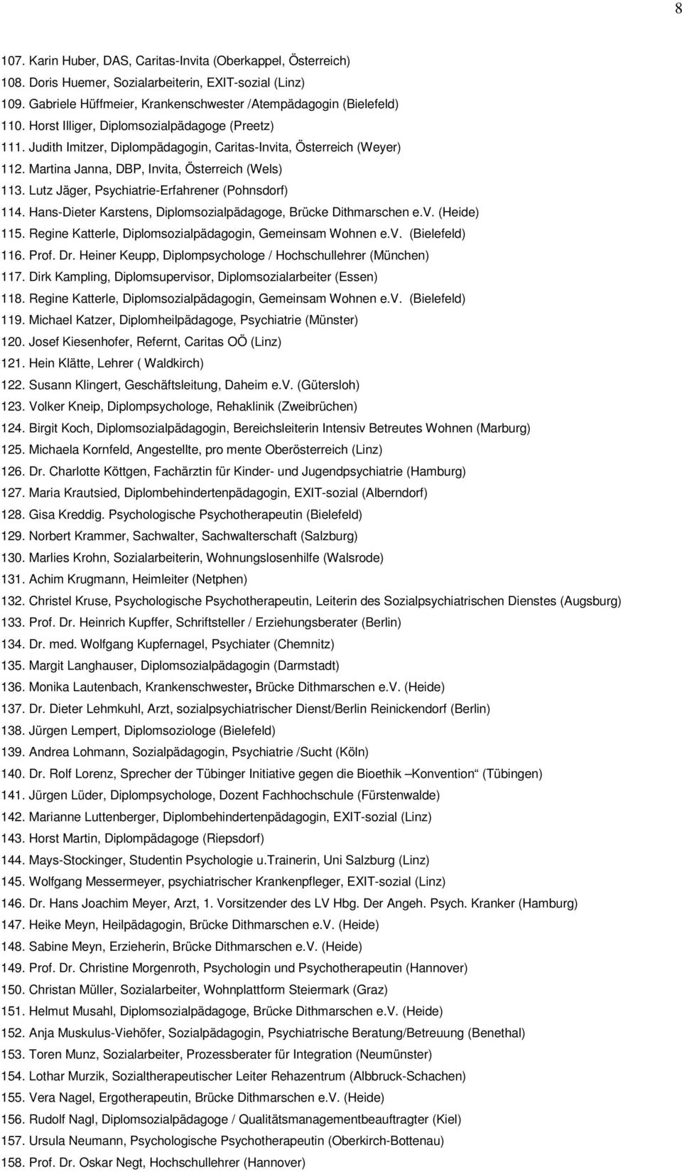 Lutz Jäger, Psychiatrie-Erfahrener (Pohnsdorf) 114. Hans-Dieter Karstens, Diplomsozialpädagoge, Brücke Dithmarschen e.v. (Heide) 115. Regine Katterle, Diplomsozialpädagogin, Gemeinsam Wohnen e.v. (Bielefeld) 116.