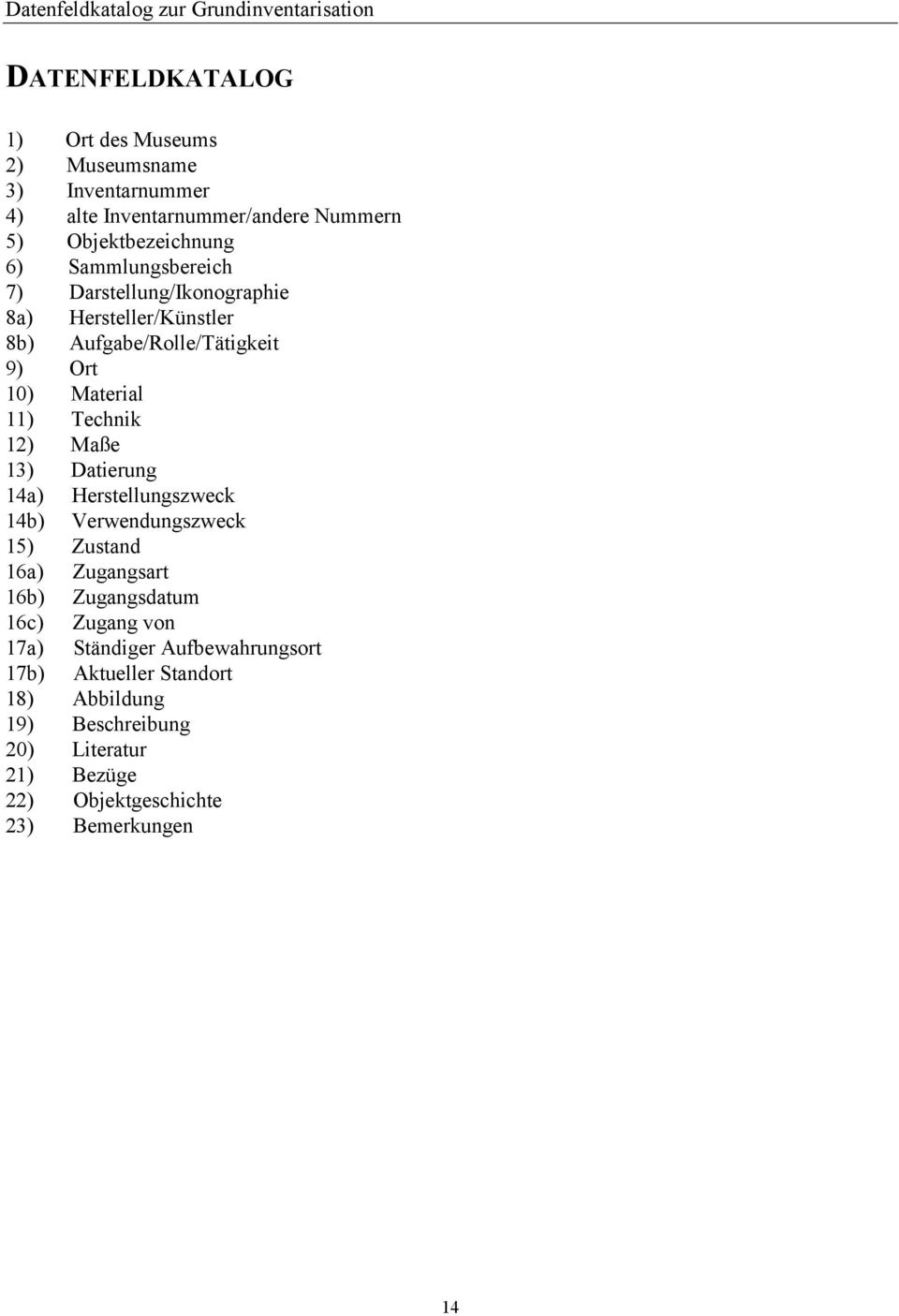 Maße 13) Datierung 14a) Herstellungszweck 14b) Verwendungszweck 15) Zustand 16a) Zugangsart 16b) Zugangsdatum 16c) Zugang von 17a)