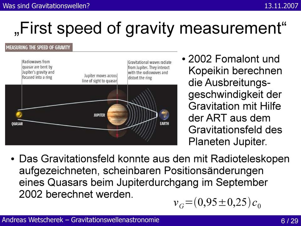 der Gravitation mit Hilfe der ART aus dem Gravitationsfeld des Planeten Jupiter.