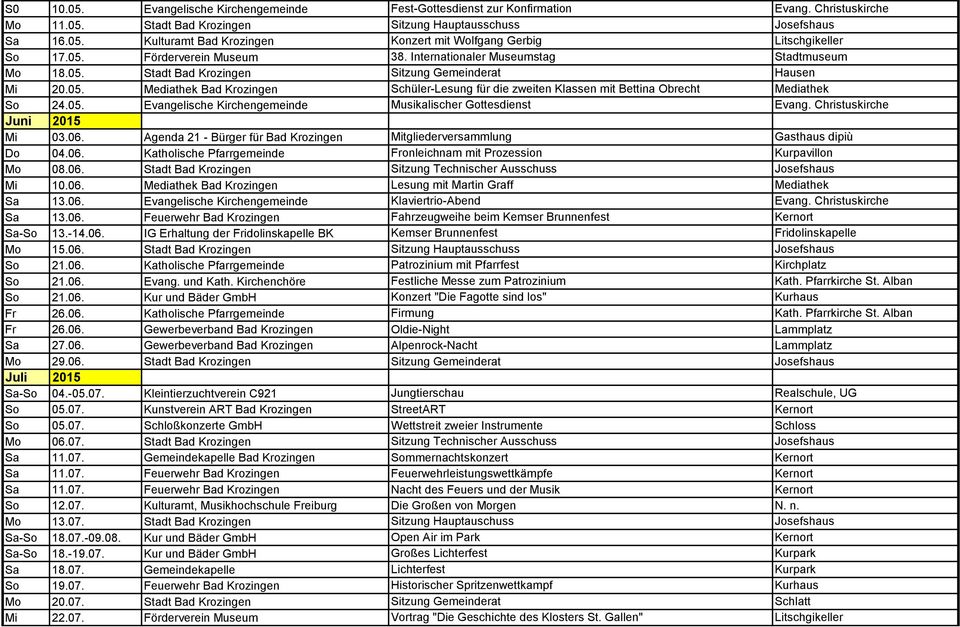 05. Evangelische Kirchengemeinde Musikalischer Gottesdienst Evang. Christuskirche Juni 2015 Mi 03.06. Agenda 21 - Bürger für Bad Krozingen Mitgliederversammlung Gasthaus dipiù Do 04.06. Katholische Pfarrgemeinde Fronleichnam mit Prozession Kurpavillon Mo 08.