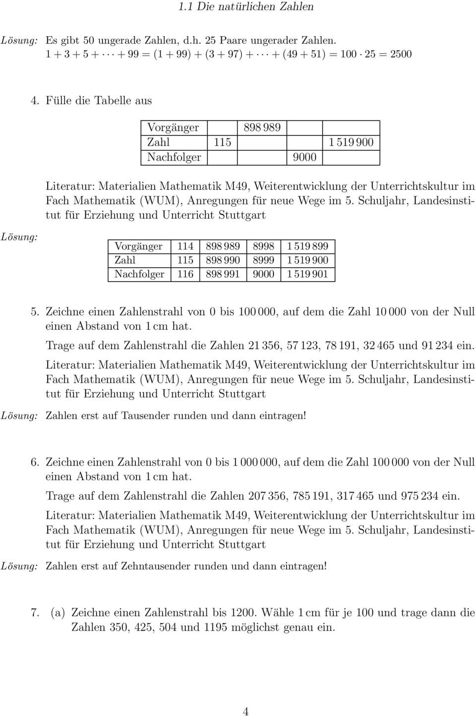 Wege im 5. Schuljahr, Landesinstitut für Erziehung und Unterricht Stuttgart Lösung: Vorgänger 114 898 989 8998 1 519 899 Zahl 115 898 990 8999 1 519 900 Nachfolger 116 898 991 9000 1 519 901 5.