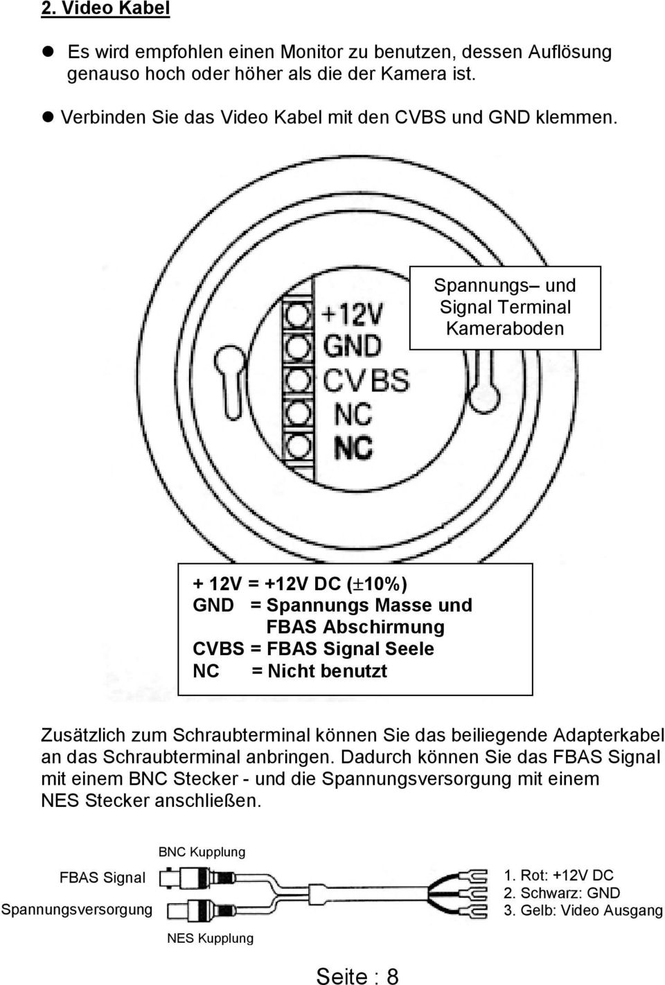 Spannungs und Signal Terminal Kameraboden + 12V = +12V DC ( 10%) GND = Spannungs Masse und FBAS Abschirmung CVBS = FBAS Signal Seele NC = Nicht benutzt Zusätzlich zum