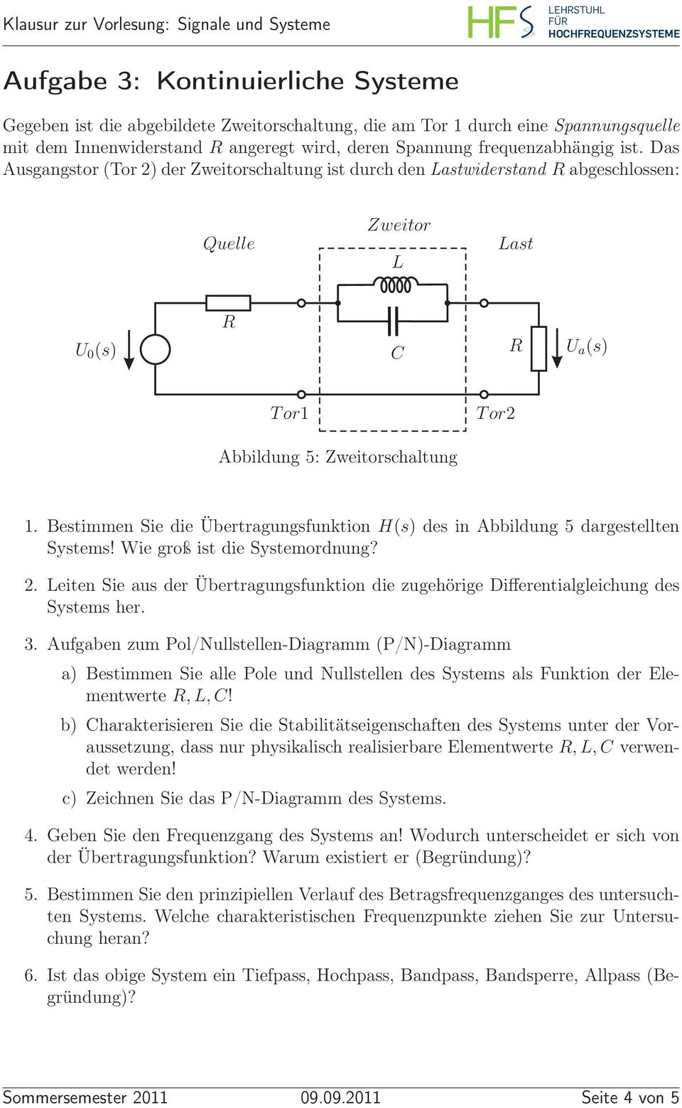 Das Ausgangstor (Tor ) der Zweitorschaltung ist durch den Lastwiderstand R abgeschlossen: Quelle Zweitor L Last U 0 (s) R C R U a (s) Tor Tor Abbildung 5: Zweitorschaltung.