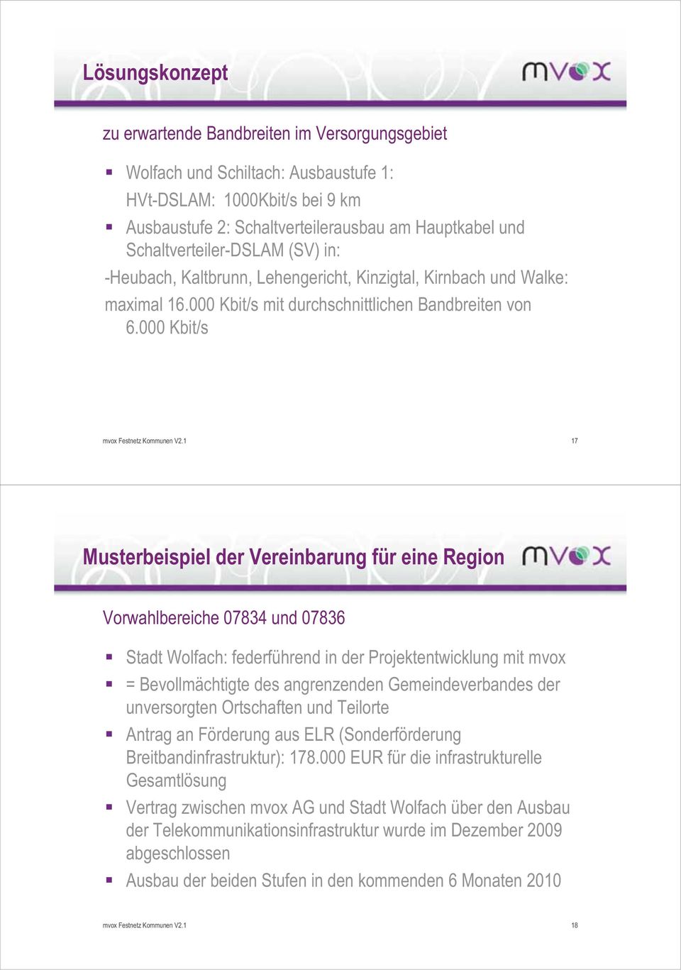 000 Kbit/s 17 Musterbeispiel der Vereinbarung für eine Region Vorwahlbereiche 07834 und 07836 Stadt Wolfach: federführend in der Projektentwicklung mit mvox = Bevollmächtigte des angrenzenden