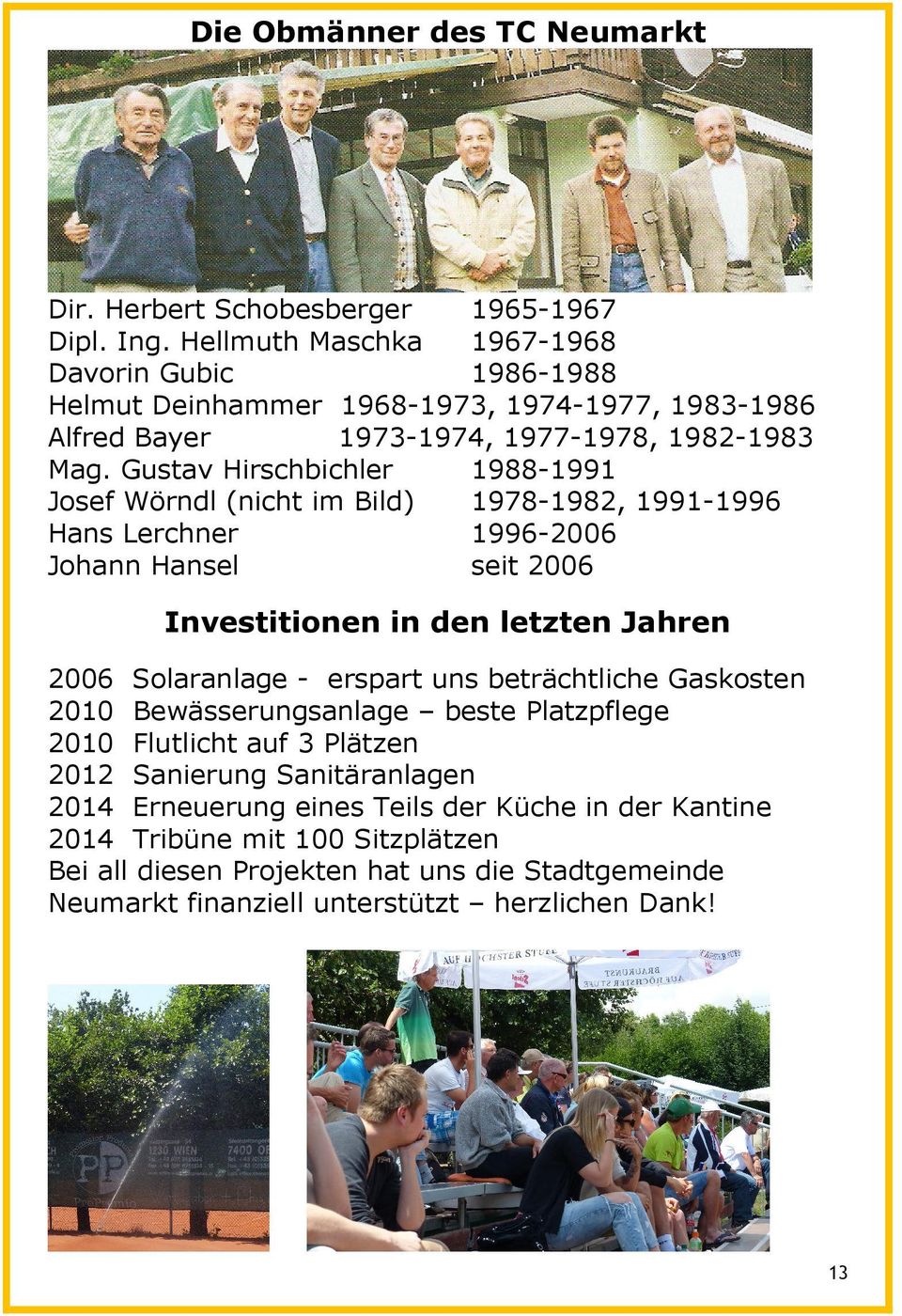 Gustav Hirschbichler 1988-1991 Josef Wörndl (nicht im Bild) 1978-1982, 1991-1996 Hans Lerchner 1996-2006 Johann Hansel seit 2006 Investitionen in den letzten Jahren 2006 Solaranlage -