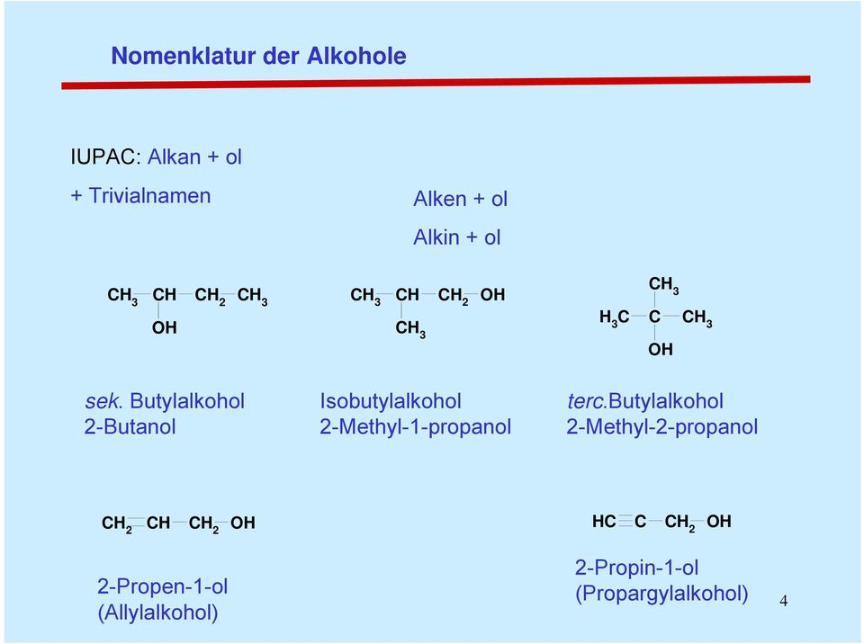 Butylalkohol 2-Butanol Isobutylalkohol 2-Methyl-1-propanol terc.