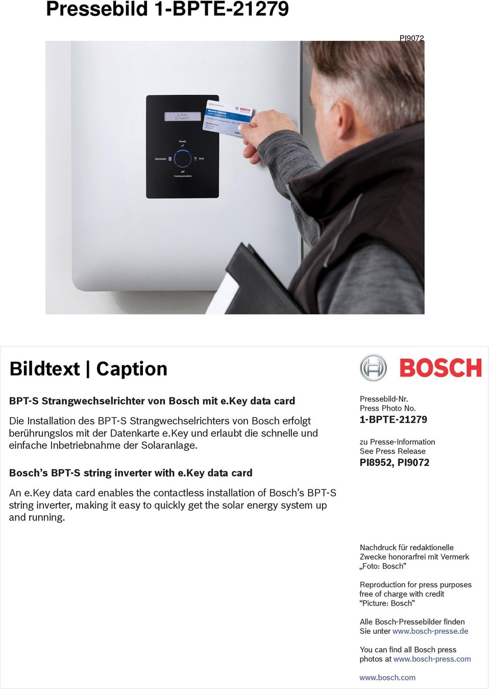 Bosch s BPT-S string inverter with e.key data card Pressebild-Nr. Press Photo No. 1-BPTE-21279 zu Presse-Information See Press Release PI8952, PI9072 An e.