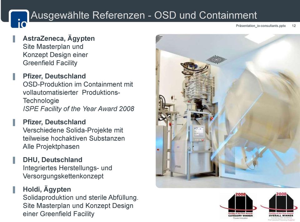 Deutschland Verschiedene Solida-Projekte mit teilweise hochaktiven Substanzen Alle Projektphasen DHU, Deutschland Integriertes