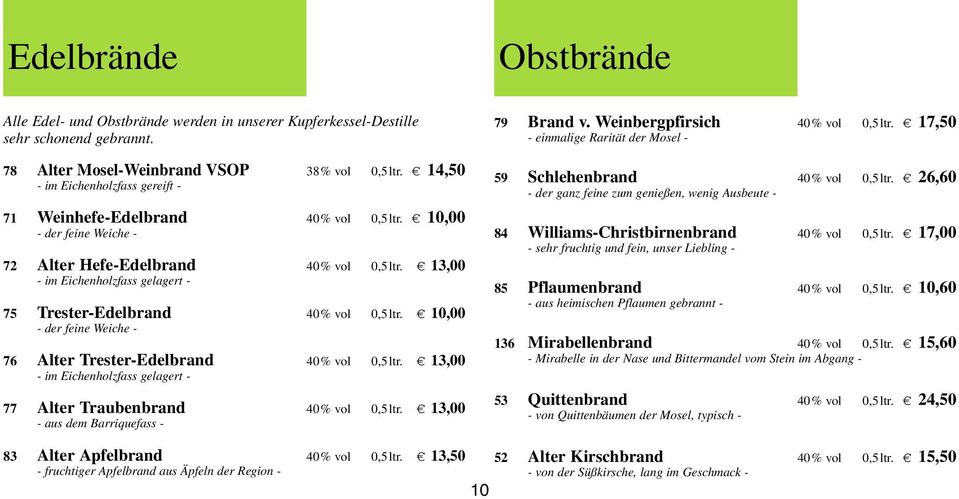 a 13,00 - im Eichenholzfass gelagert - 75 Trester-Edelbrand 40% vol 0,5ltr. a 10,00 - der feine Weiche - 76 Alter Trester-Edelbrand 40% vol 0,5ltr.