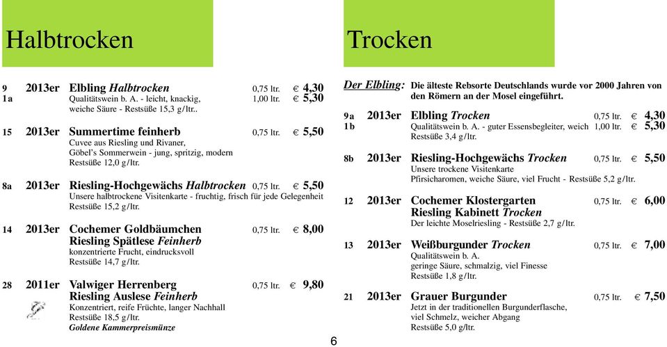 a 5,50 Unsere halbtrockene Visitenkarte - fruchtig, frisch für jede Gelegenheit Restsüße 15,2 g/ltr. 14 2013er Cochemer Goldbäumchen 0,75 ltr.