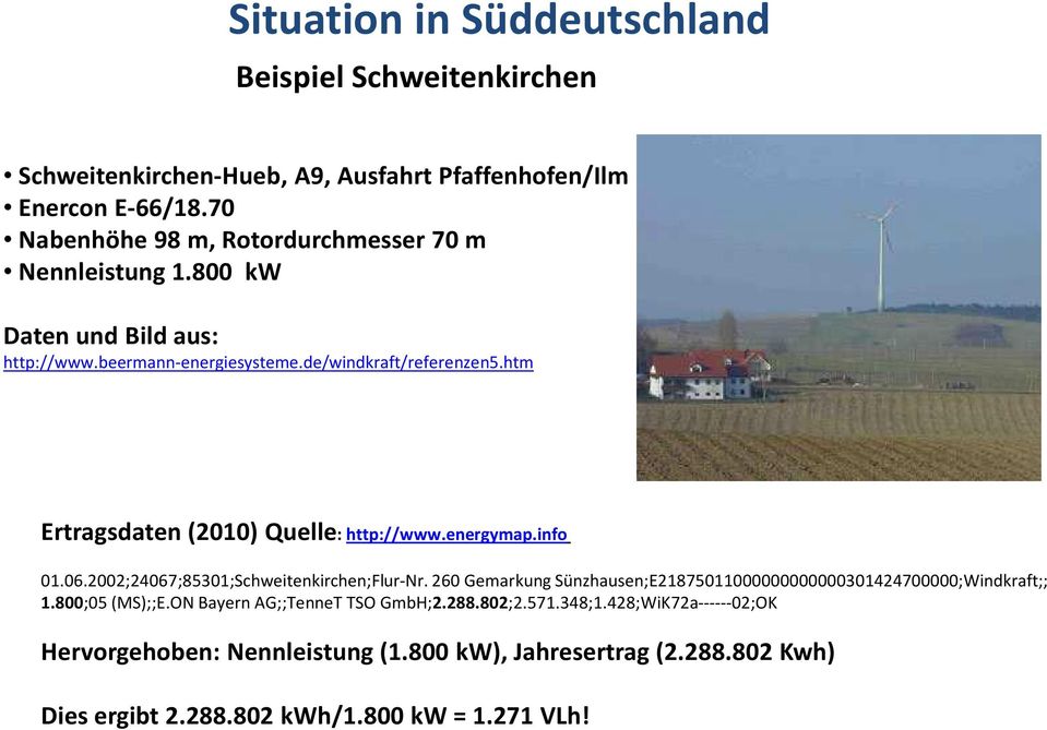 2002;24067;85301;Schweitenkirchen;Flur-Nr. 260 Gemarkung Sünzhausen;E21875011000000000000301424700000;Windkraft;; 1.800;05 (MS);;E.