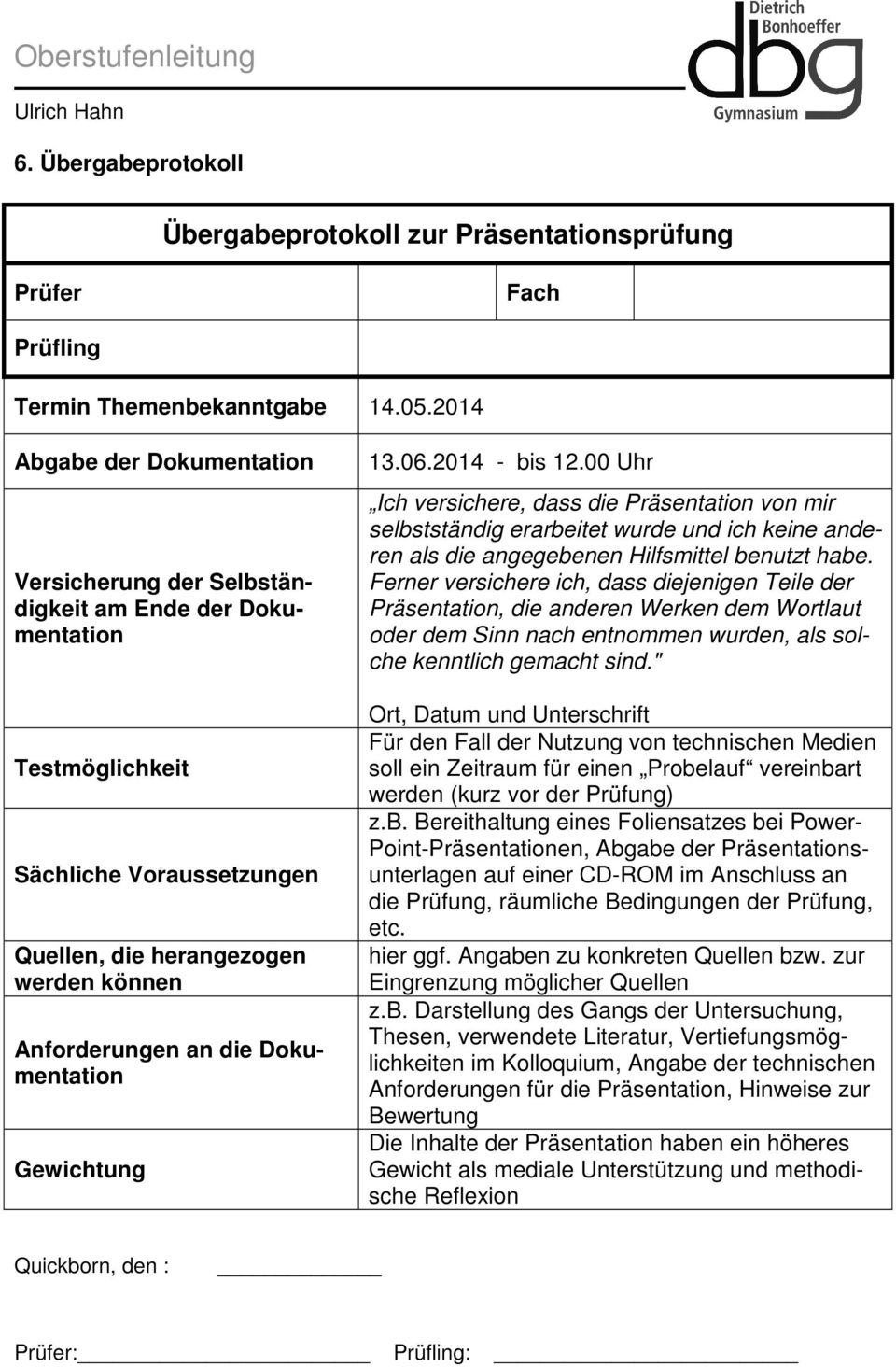 Dokumentation Gewichtung 13.06.2014 - bis 12.00 Uhr Ich versichere, dass die Präsentation von mir selbstständig erarbeitet wurde und ich keine anderen als die angegebenen Hilfsmittel benutzt habe.