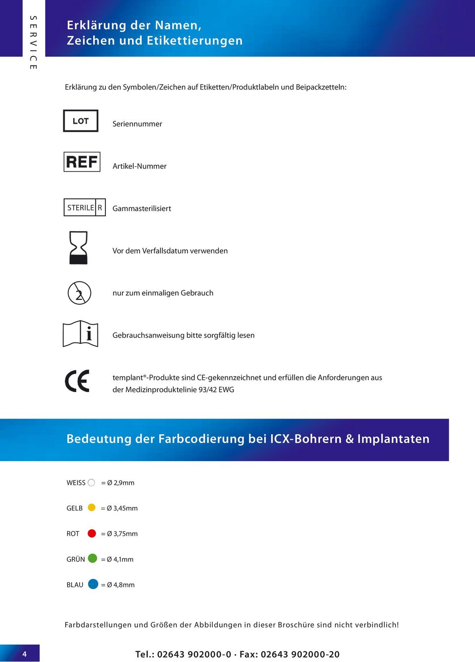 CE-gekennzeichnet und erfüllen die Anforderungen aus der Medizinproduktelinie 93/42 EWG Bedeutung der Farbcodierung bei ICX-Bohrern & Implantaten weiss = ø 2,9mm Gelb =