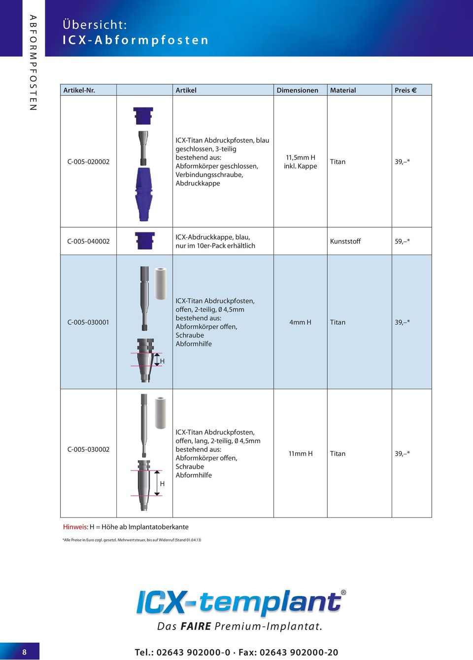 Kappe C-005-040002 ICX-Abdruckkappe, blau, nur im 10er-Pack erhältlich Kunststoff 59, * C-005-030001 ICX- Abdruckpfosten, offen, 2-teilig, 0 4,5mm bestehend aus: