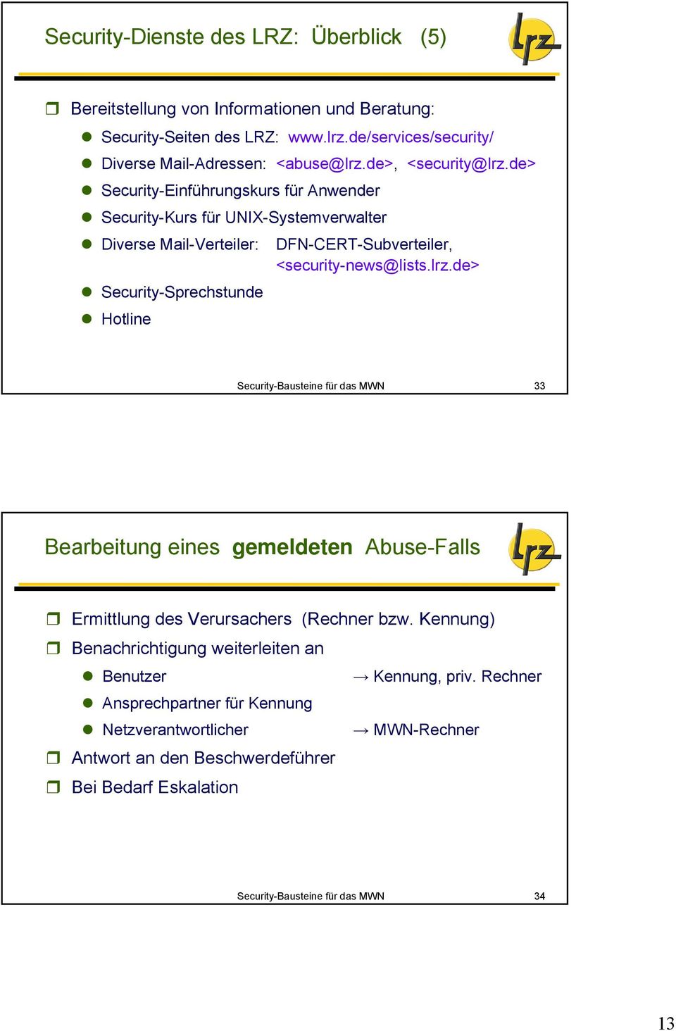 de> Security-Einführungskurs für Anwender Security-Kurs für UNIX-Systemverwalter Diverse Mail-Verteiler: DFN-CERT-Subverteiler, <security-news@lists.lrz.