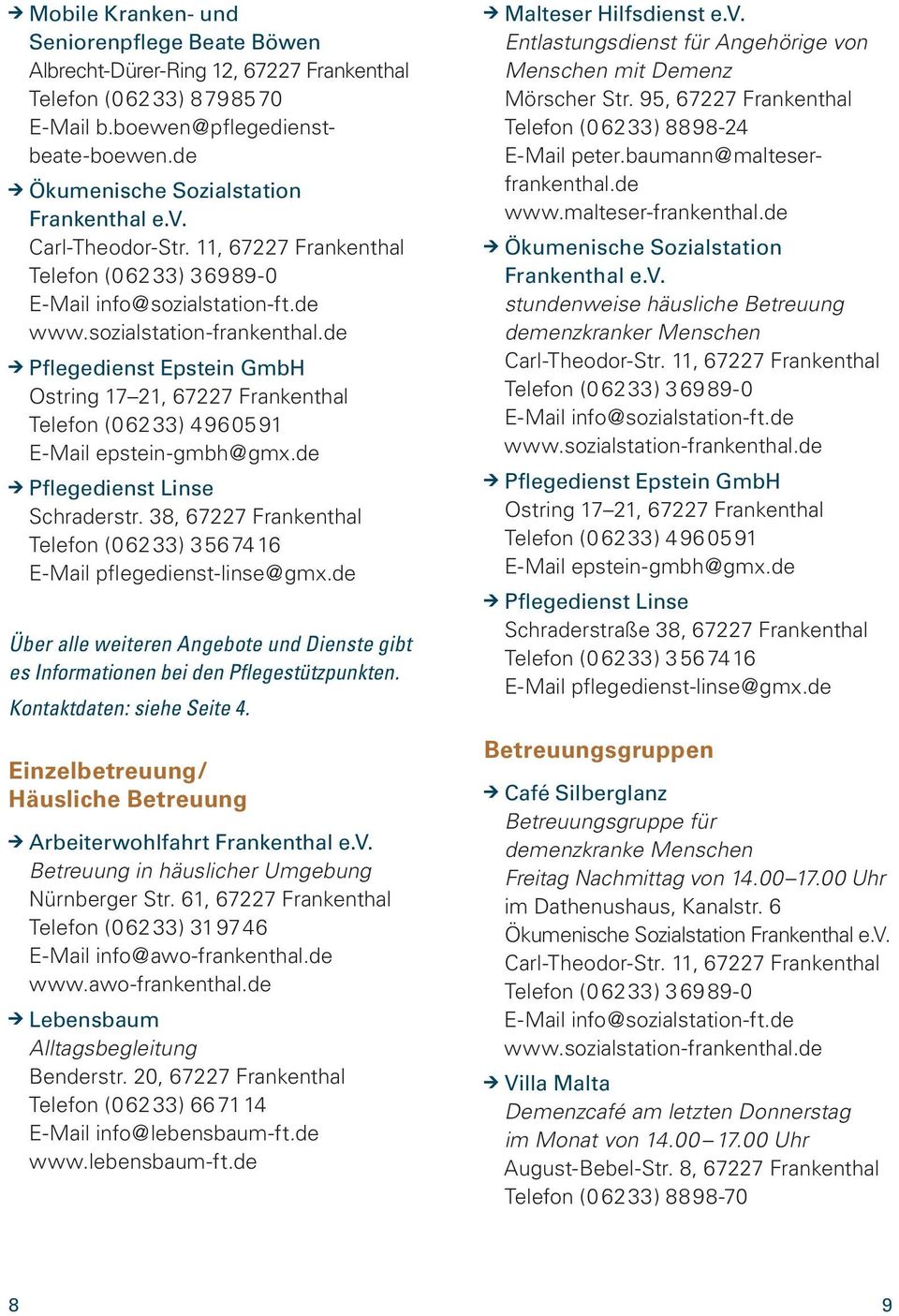 38, 67227 Frankenthal Telefon (06233) 35674 16 E-Mail pflegedienst-linse@gmx.de Über alle weiteren Angebote und Dienste gibt es Informationen bei den Pflegestützpunkten. Kontaktdaten: siehe Seite 4.