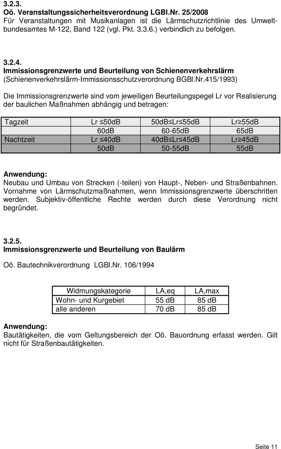 415/1993) Die Immissionsgrenzwerte sind vom jeweiligen Beurteilungspegel Lr vor Realisierung der baulichen Maßnahmen abhängig und betragen: Tagzeit Lr 50dB 50dB Lr 55dB Lr 55dB 60dB 60-65dB 65dB