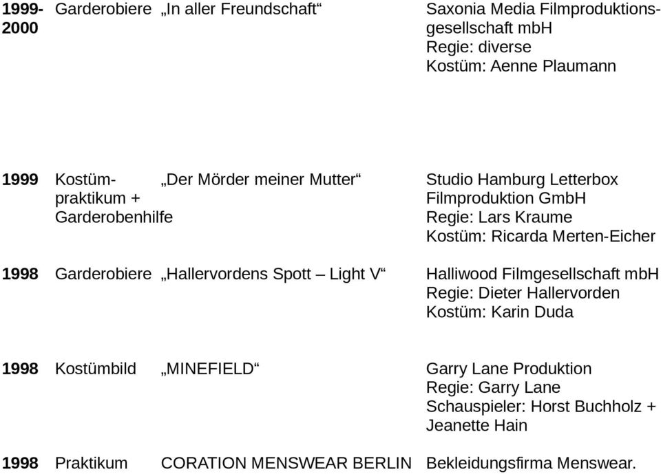 Garderobiere Hallervordens Spott Light V Halliwood Filmgesellschaft mbh Regie: Dieter Hallervorden Kostüm: Karin Duda 1998 Kostümbild MINEFIELD